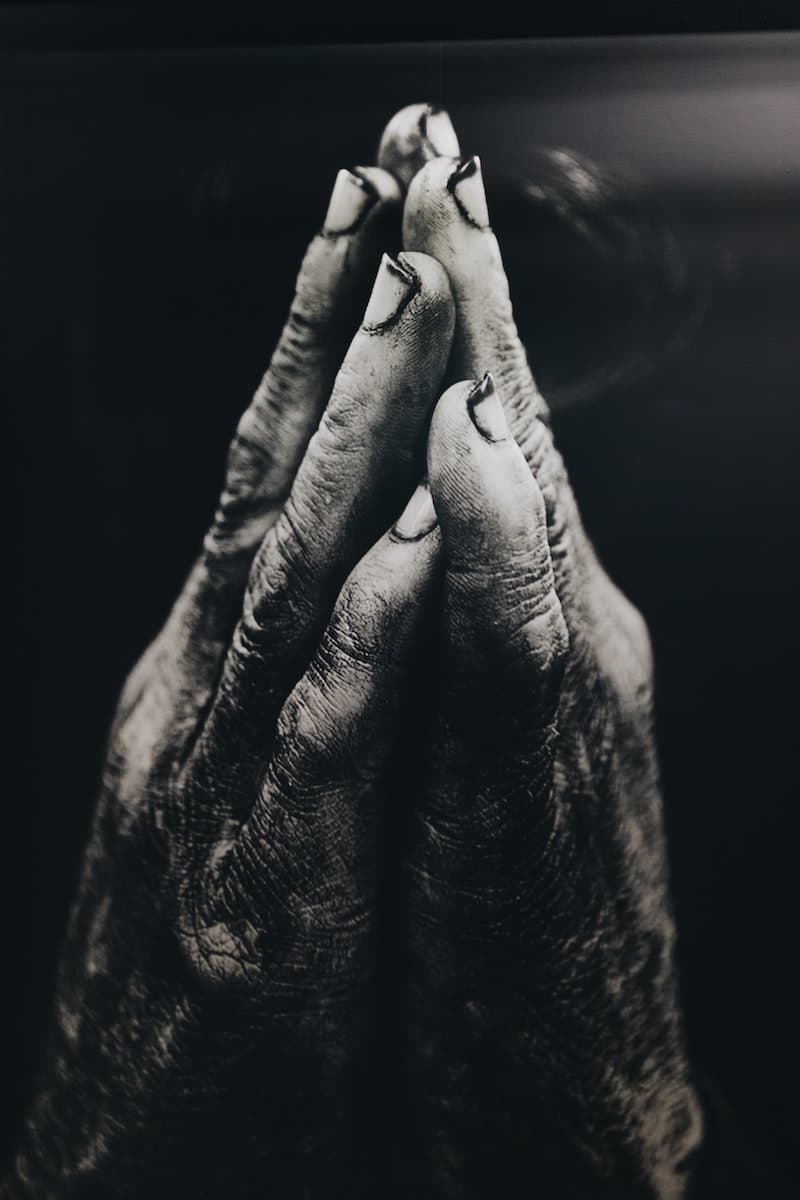 grayscale photography of praying hands
