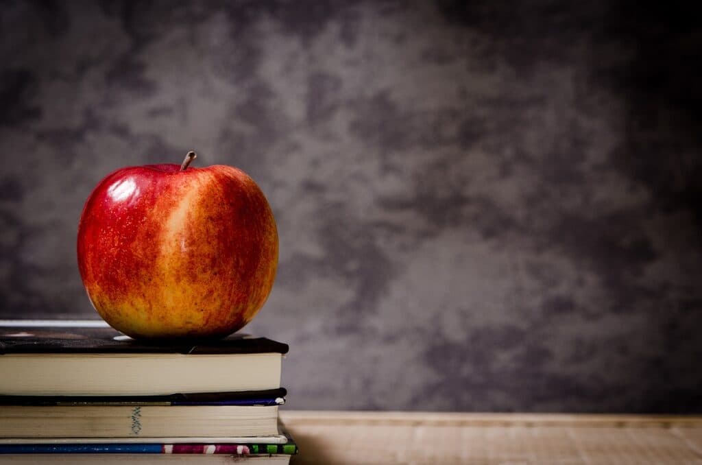 apple, books, classroom, red apple, fresh apple, fresh fruit, ripe, ripe apple, stack of books, delicious, fruit, apple, apple, apple, apple, apple, books