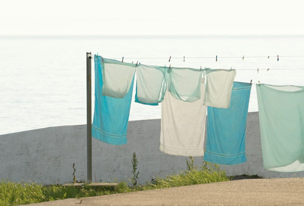 towels hanging on clothes line